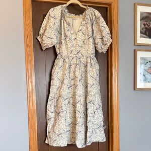 Cream Floral Puff-Sleeve Midi Dress with Navy Print